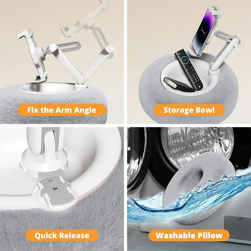 Adjustable desktop stand features arm angle fix, storage bowl, quick release, and washable pillow for mobile devices.