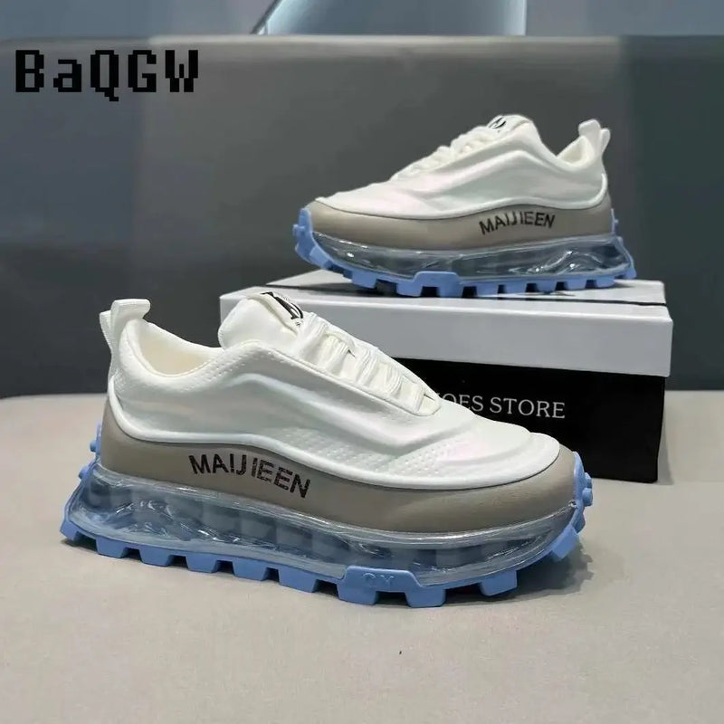 BaQGW luxury breathable chunky sneakers with thick sole in white and gray color block design.