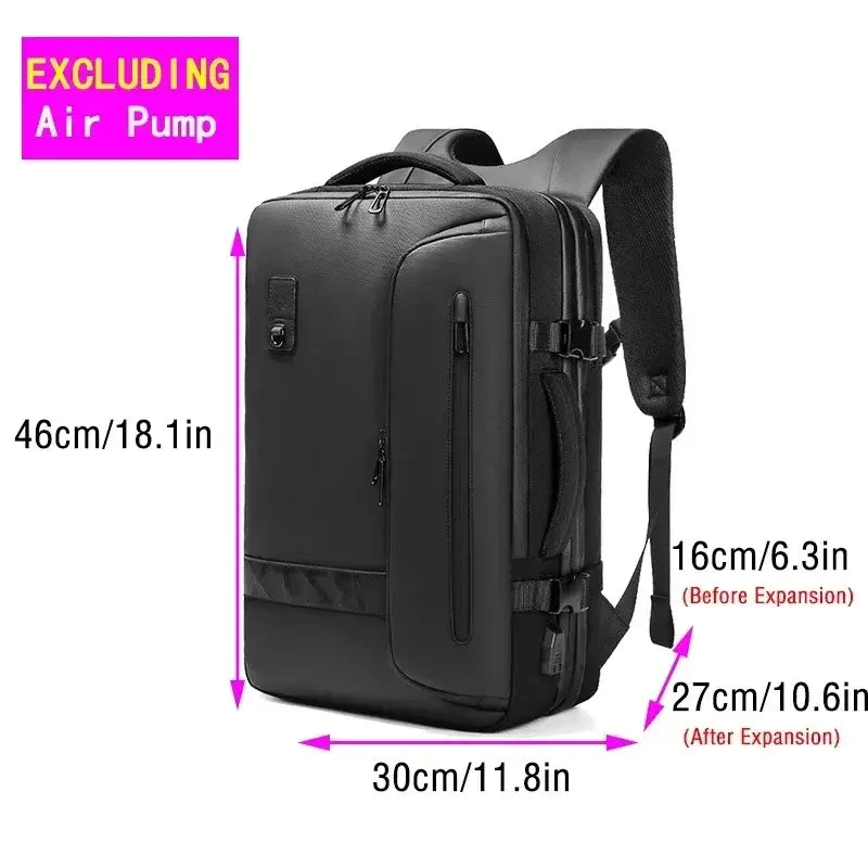 Men's fashion casual backpack for travel, black, 46cm x 30cm, waterproof and expandable for 17in laptop.