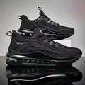 Black cushioned leisure sneakers with breathable mesh upper, designed for spring and autumn running and casual wear.