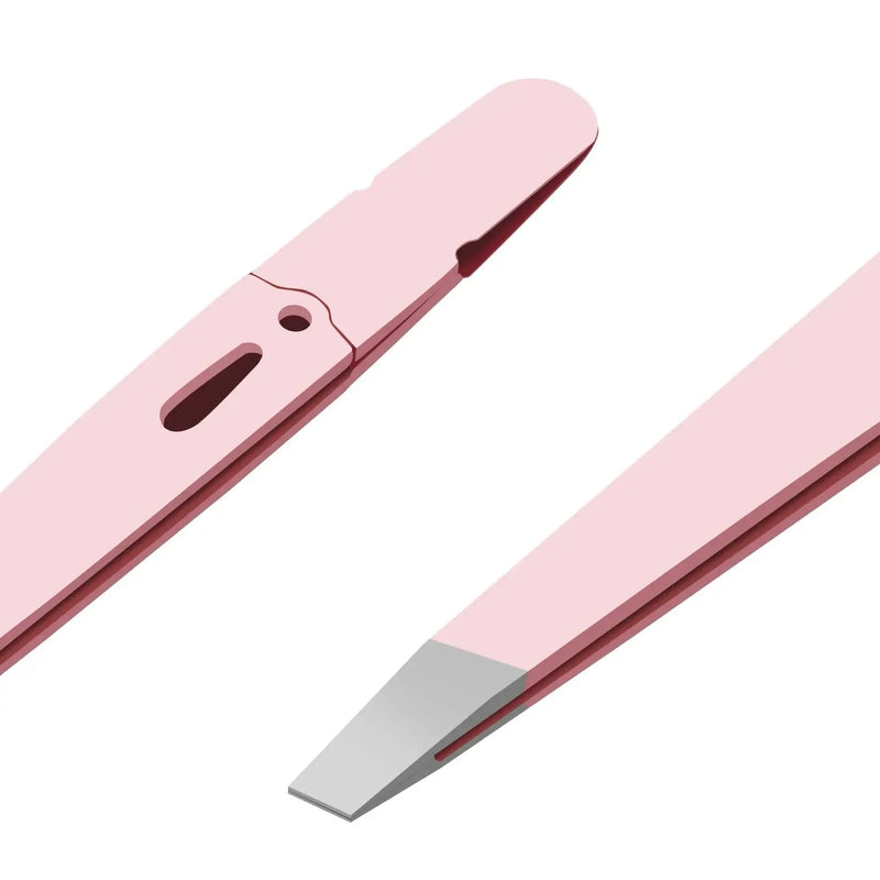 Colorful stainless steel tweezers for eyebrow grooming, featuring slanted tips for precision hair removal.