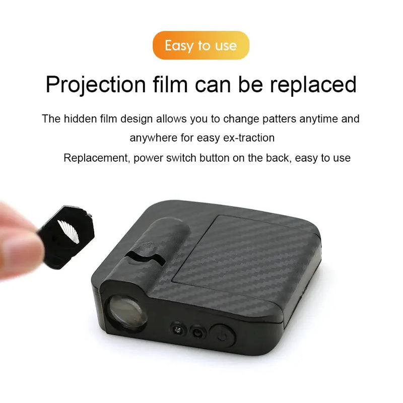 User-friendly projection device with replaceable film for easy pattern changes and accessible power switch.