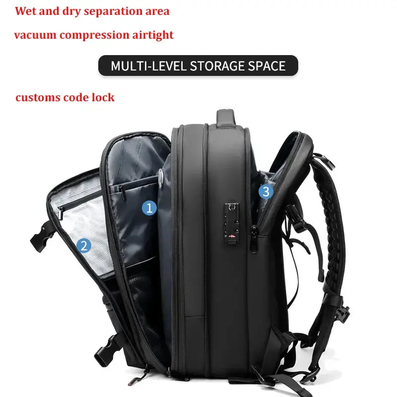 Large capacity travel backpack showing multi-level storage, wet/dry separation, and vacuum compression features.