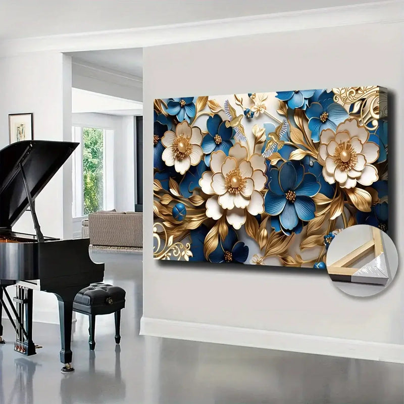 Canvas wall art featuring a floral design in blue and gold, ideal for decorating living rooms and offices.