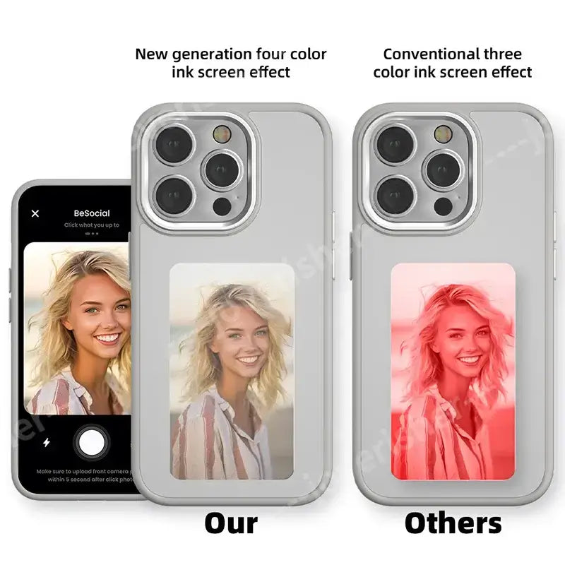 Comparison of four color ink screen effect vs. traditional three color screen on iPhone cases showing vibrant image quality.