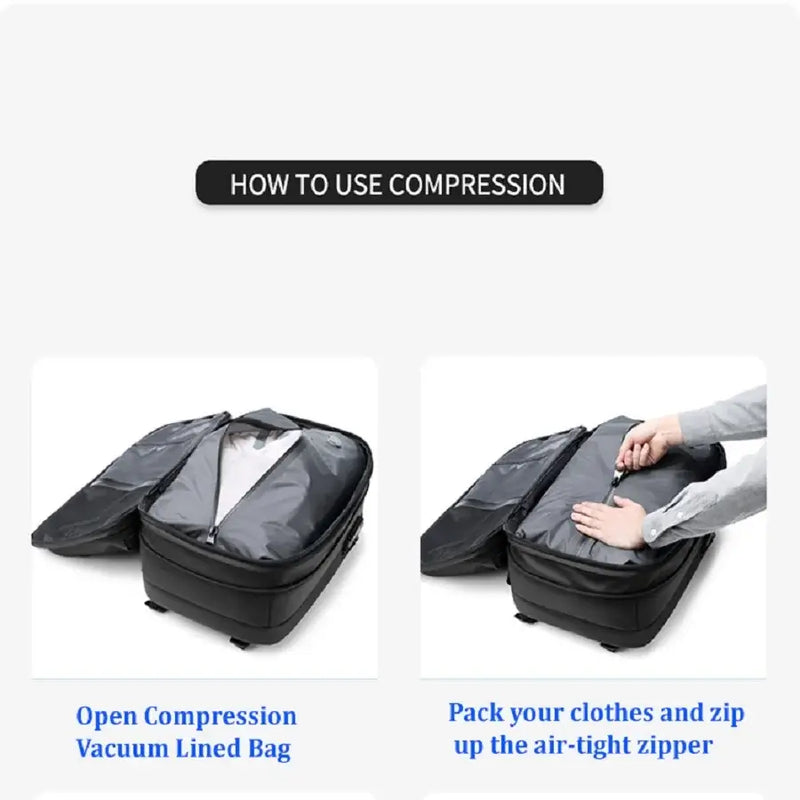 How to use vacuum compression: Open bag, pack clothes, and zip air-tight.