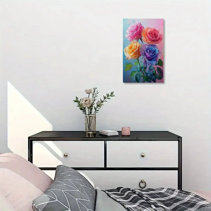 Colorful canvas painting of roses on wall above modern black dresser in bright room.