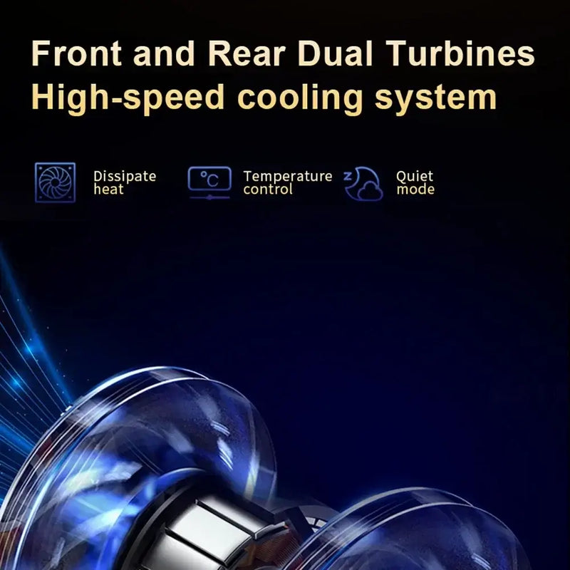 Front and rear dual turbines high-speed cooling system for efficient heat dissipation and temperature control.