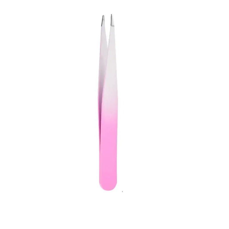 Stainless steel eyebrow tweezers with slant tip, ergonomic design in pink and white gradient for precise hair removal.