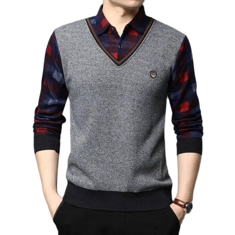 Men's casual long sleeve sweater with V-neck and plaid sleeves, perfect for autumn and winter wear.