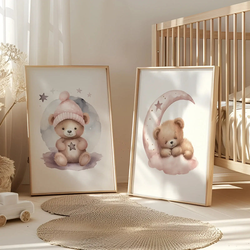 Two cute pink sleeping bear wall art prints for kids' room decor, featuring teddy bears and star accents.