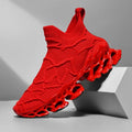 Breathable red men's sneakers with unique sole design, perfect for casual and active wear.