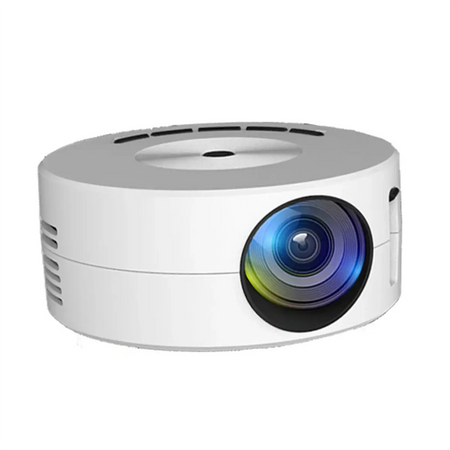 YT200 Mini Projector LED home media player with lens for camping, screen mirroring, and audio connectivity.