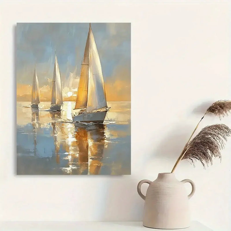 Charming pastel sailing boat canvas art, framed in wood, perfect for home decor and gifting.