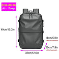 Men's fashion casual backpack dimensions showing expandable design, excluding air pump, in sleek waterproof material.