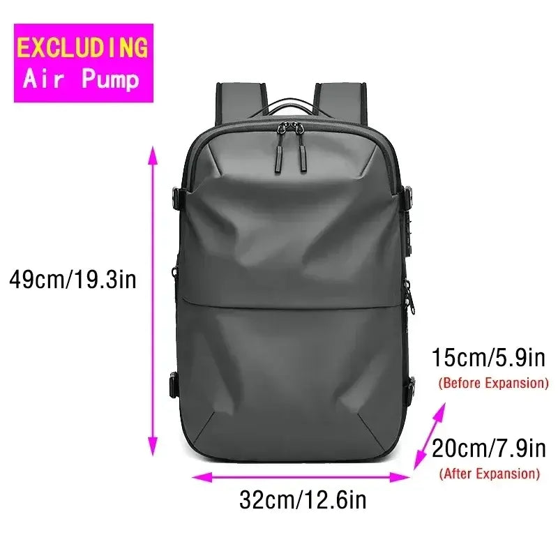 Men's fashion casual backpack dimensions showing expandable design, excluding air pump, in sleek waterproof material.