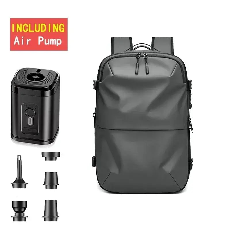 Men's waterproof casual backpack with electric air pump, designed for travel and laptops, featuring expandable storage.