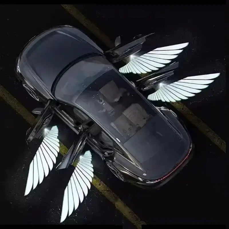 Car featuring angel wings LED door welcome lights, showcasing high-definition projection and stylish design.