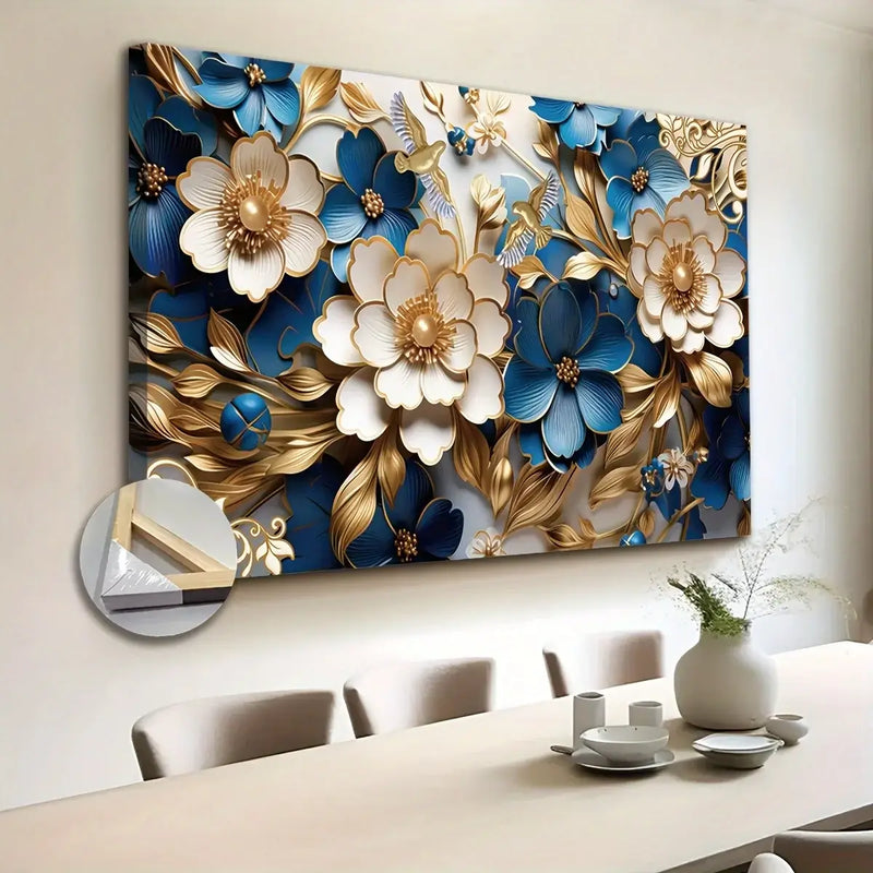 Canvas wall art featuring a floral design in blue and gold, ideal for home decor in living rooms and dining areas.