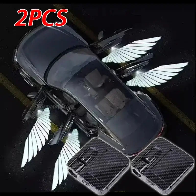 2Pcs Car Angel Wings LED Projector Lights illuminating car doors with stylish wing designs, enhancing vehicle aesthetics.