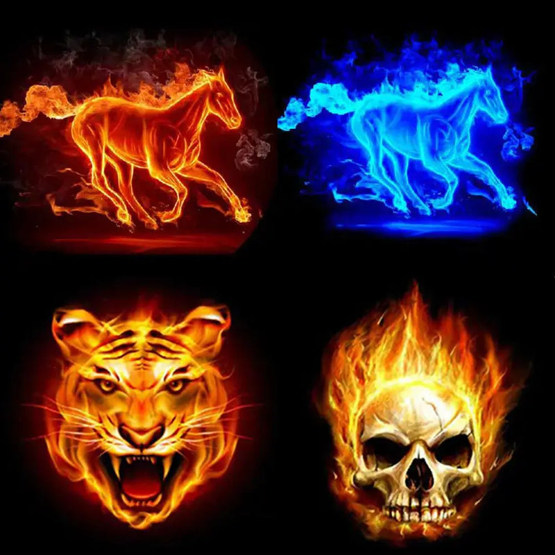 Four fiery artistic images featuring a running horse, a blue horse, a tiger face, and a flaming skull.