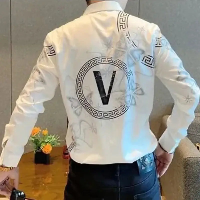 Men's Gothic casual shirt featuring print design and V emblem on back, stylish long sleeve for summer fashion.