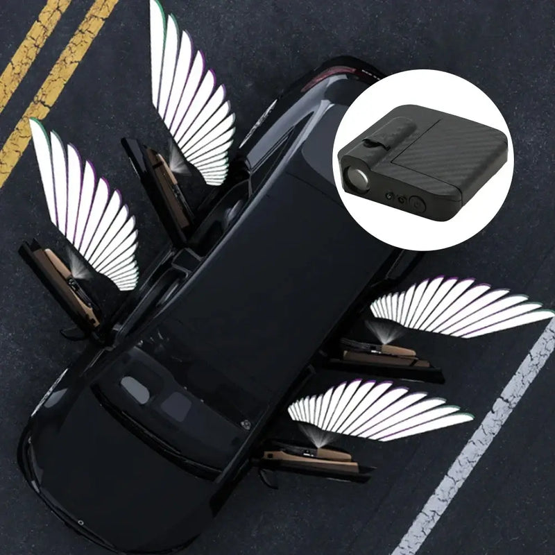 LED automotive welcome lights with angel wing patterns, installed on a vehicle, showcasing induction lighting functionality.