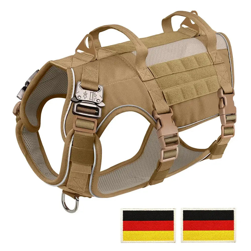 Durable khaki tactical dog harness for medium to large dogs, perfect for training and outdoor activities.