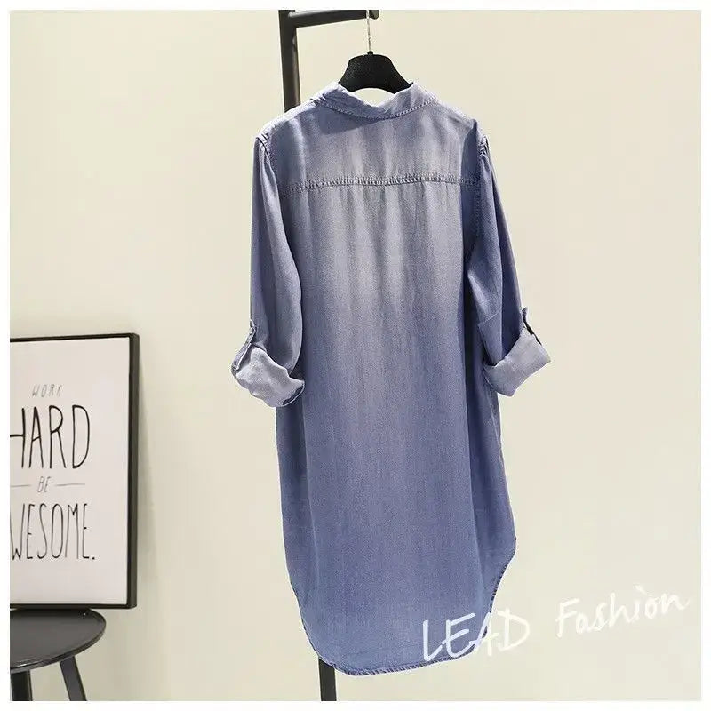 Denim shirt dress for women, mid-length cotton blouse with rolled sleeves and double pocket design.