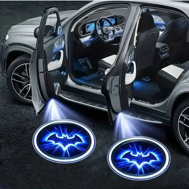 Bat logo LED projector lights illuminating car doors, creating a stylish and cool ghost shadow effect.