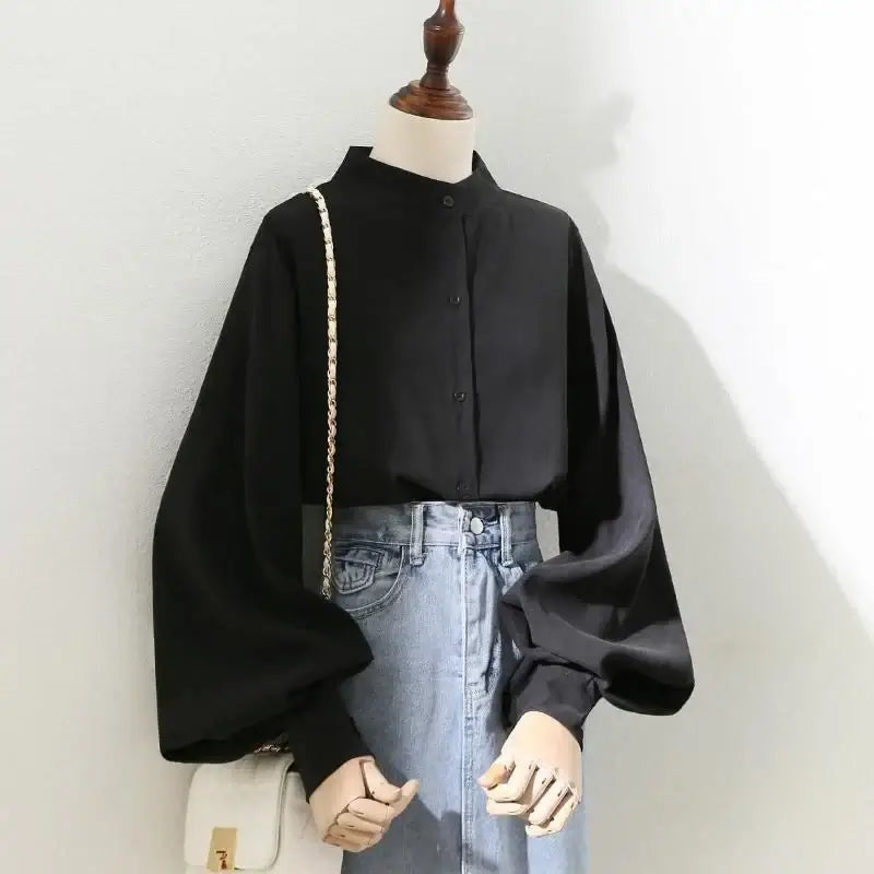 Black long sleeve blouse with stand collar, casual fit, perfect for spring and autumn fashion for women.