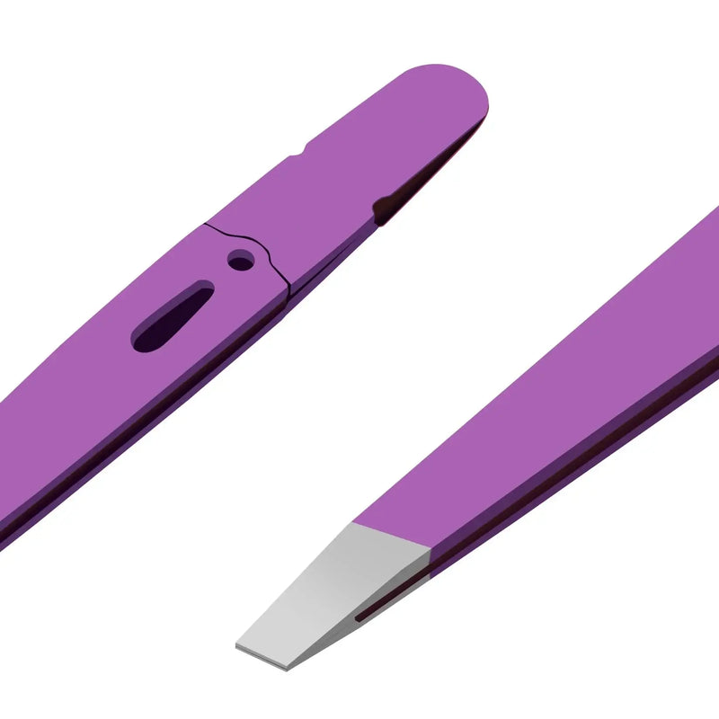 Colorful stainless steel eybrow tweezers in purple, designed for precision hair removal and makeup application.