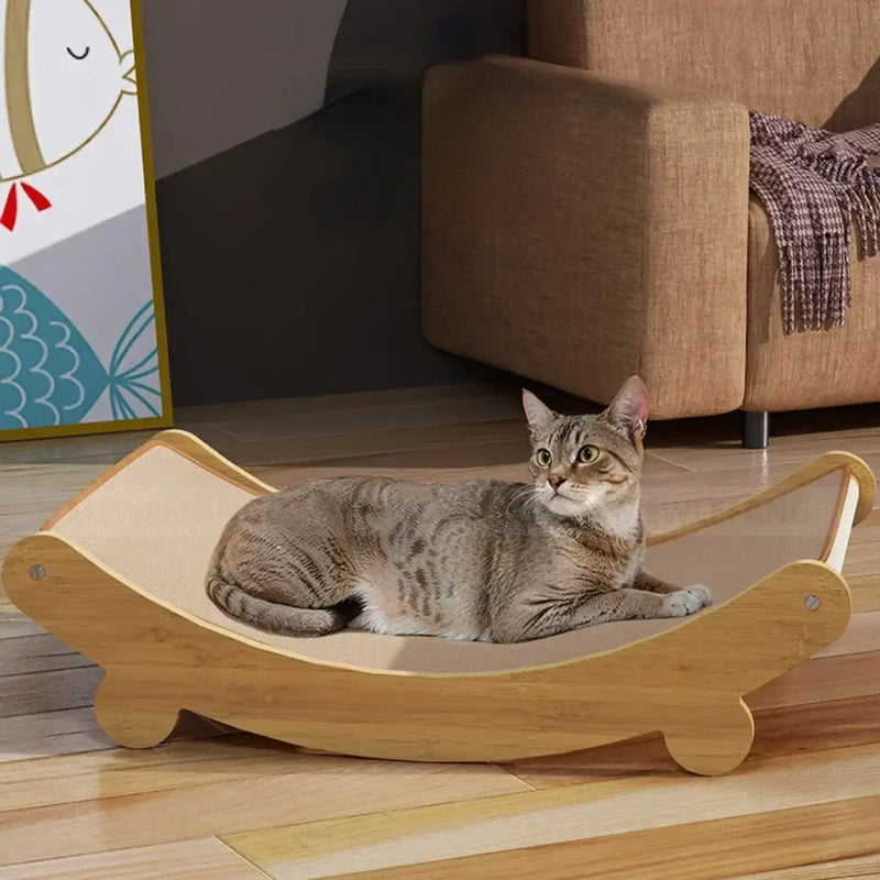 Cozy cat lounging on a natural wood scratching board, perfect for training and sleeping.