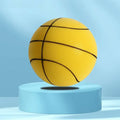 Yellow foam basketball on a blue platform, ideal for indoor training and low-noise activities for kids.