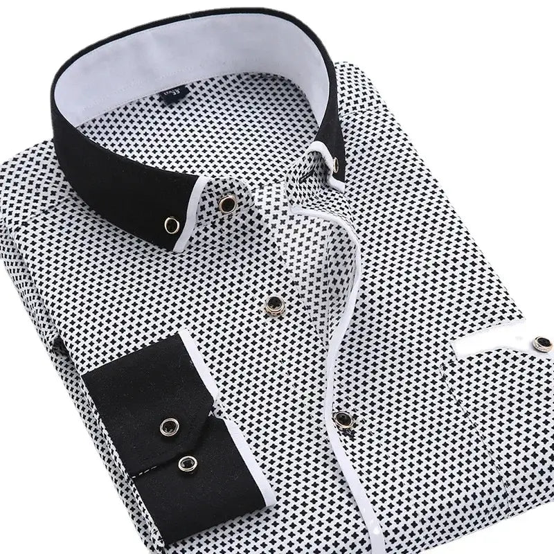 Black and white floral button-down shirt for men, casual slim fit, high-quality long sleeves, perfect for spring and autumn wear.