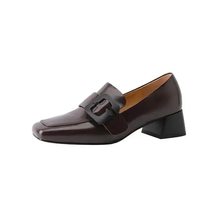 Chunky heel women's pumps in brown genuine leather with square toe and belt buckle design for Spring.