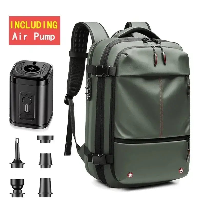 Men's casual green backpack with included air pump, designed for travel and waterproof storage.