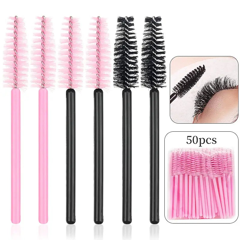 50 pcs disposable mini short eyelash brushes in pink and black, perfect for mascara application and lash extensions.