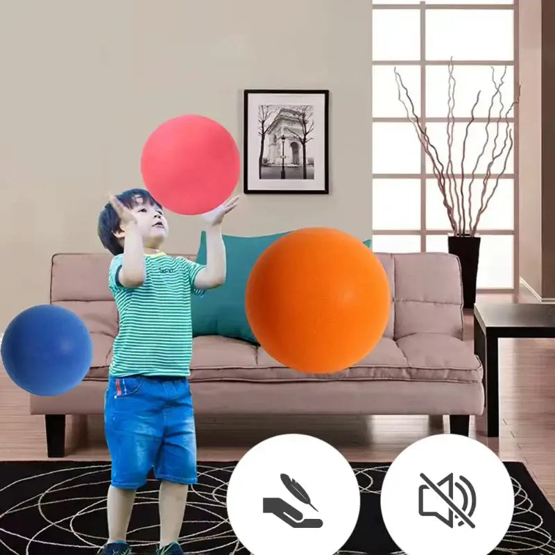 Child playing with colorful silent basketballs in a cozy indoor setting, showcasing fun and safety during play.