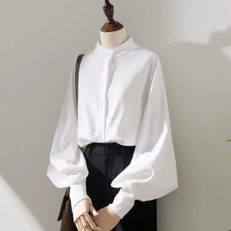 White long lantern sleeve blouse with stand collar, perfect for casual spring and autumn style, ideal for middle-aged women.