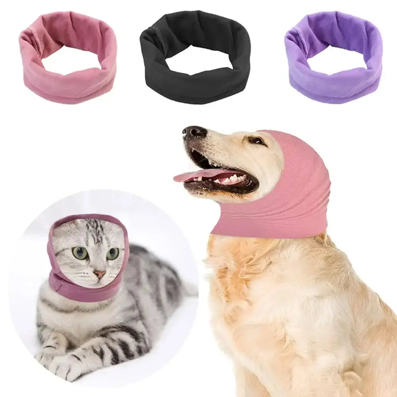 Breathable calming dog ear covers in pink, purple, black, and rose for pets, offering noise-proof comfort.