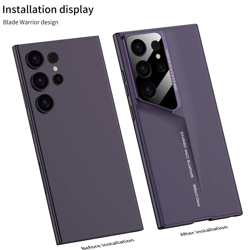 Installation display of the Blade Warrior design phone case, showing before and after scenarios on a Samsung Galaxy device.