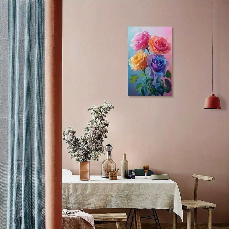 Canvas painting of colorful roses on wall in stylish living room decor, enhancing home aesthetics.