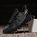 Men's black breathable sneakers with a sleek design and transparent outsole for casual running.