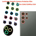 Samsung Galaxy S24 Ultra camera lens protector set with luminous rings, showcasing various colors and scratch-resistant features.