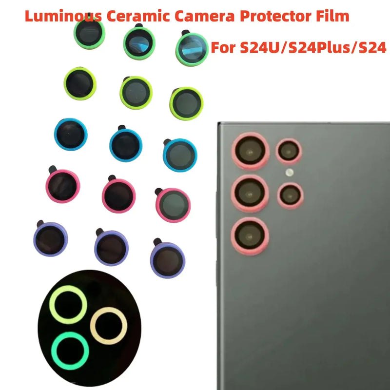 Samsung Galaxy S24 Ultra camera lens protector set with luminous rings, showcasing various colors and scratch-resistant features.