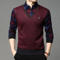 Autumn winter men's long sleeve sweater shirt, casual fleece knitted pullover in burgundy and navy plaid.