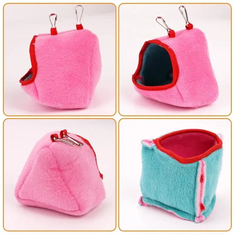 Cozy pet hamster nest in pink and blue, made of plush material, ideal for small birds and pets, with clips for hanging.