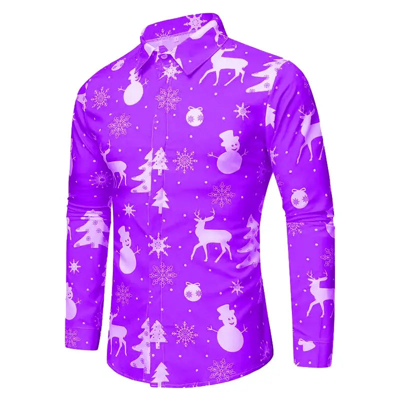 3D printed long sleeve Christmas shirt for men featuring snowmen, reindeer, and trees on a purple background.