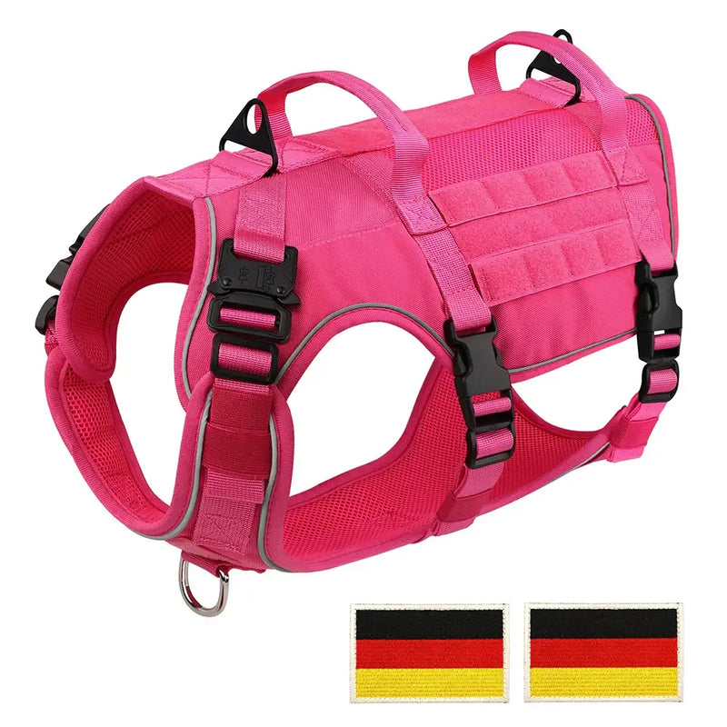 Durable pink tactical dog harness for medium and large breeds, ideal for training and outdoor activities.